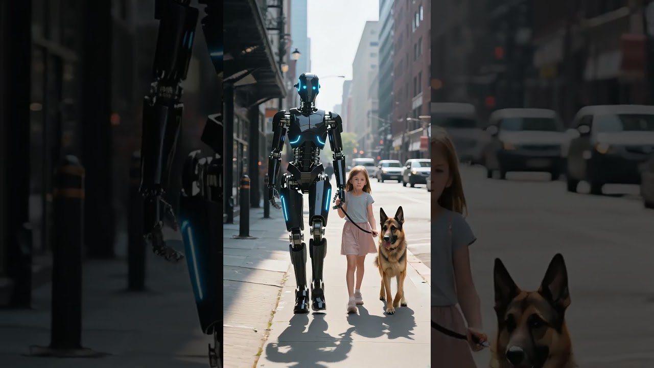 Humanoid robot och flicka promenerar på gatan – framtidens industriautomation i praktiken