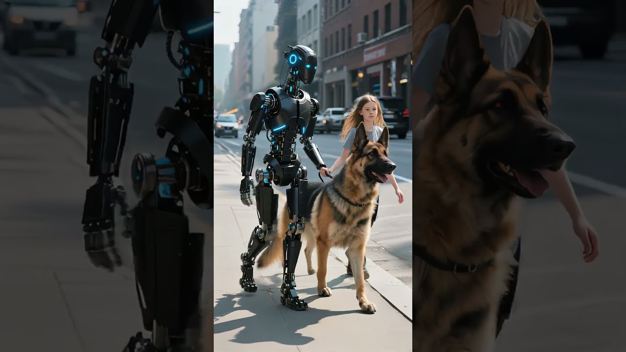 Se en livslevande robot promenera med en hund på gatan
