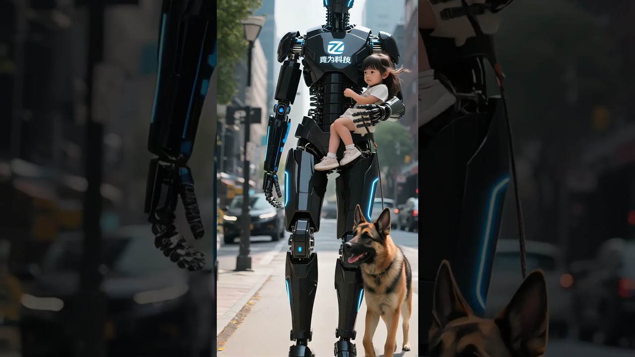 Humanoid robot bär flicka på stadsgatan – framtidens hjälpreda
